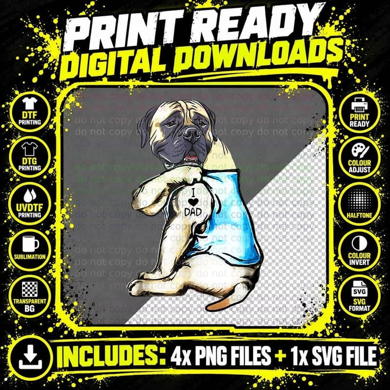 Funny English Mastiff Dog Dad Tattoo T-Shirt Png SVG Digital Bundle