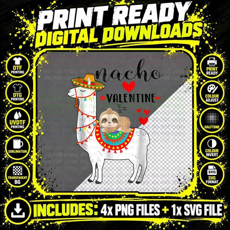 Funny Nacho Valentines Day Costume Sloth Riding Llama Png SVG Digital Bundle