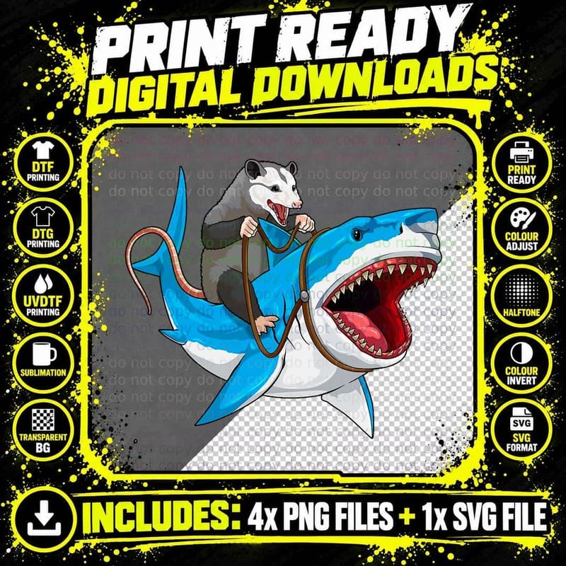 Funny Opossum Riding Shark Possum Trash Marsupial Mashup Png SVG Digital Bundle