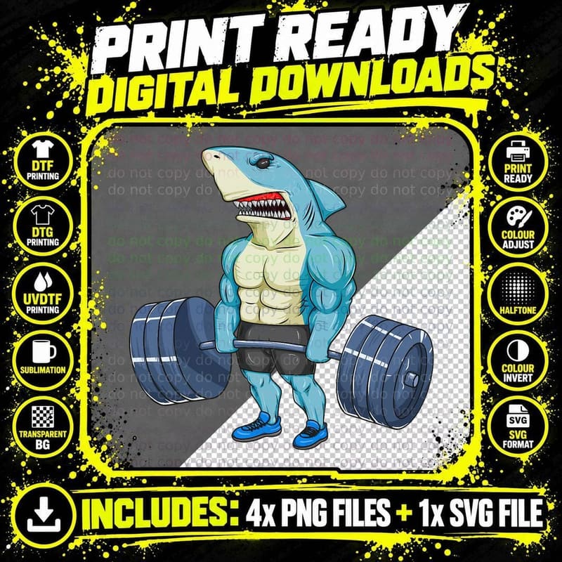 Funny Shark Weightlifting Bodybuilder Muscle Fitness Png SVG Digital Bundle