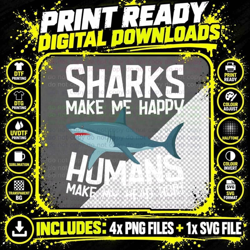 Funny Sharks Make Me Happy Marine Biology Shark T-Shirt Png SVG Digital Bundle