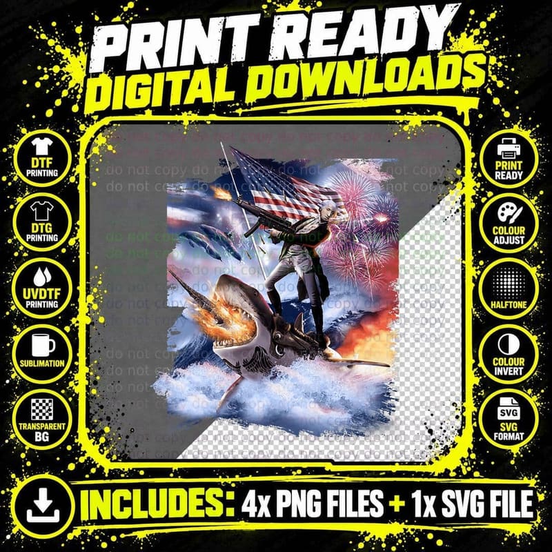 George Washington Riding Shark American Patriotic Funny Png SVG Digital Bundle