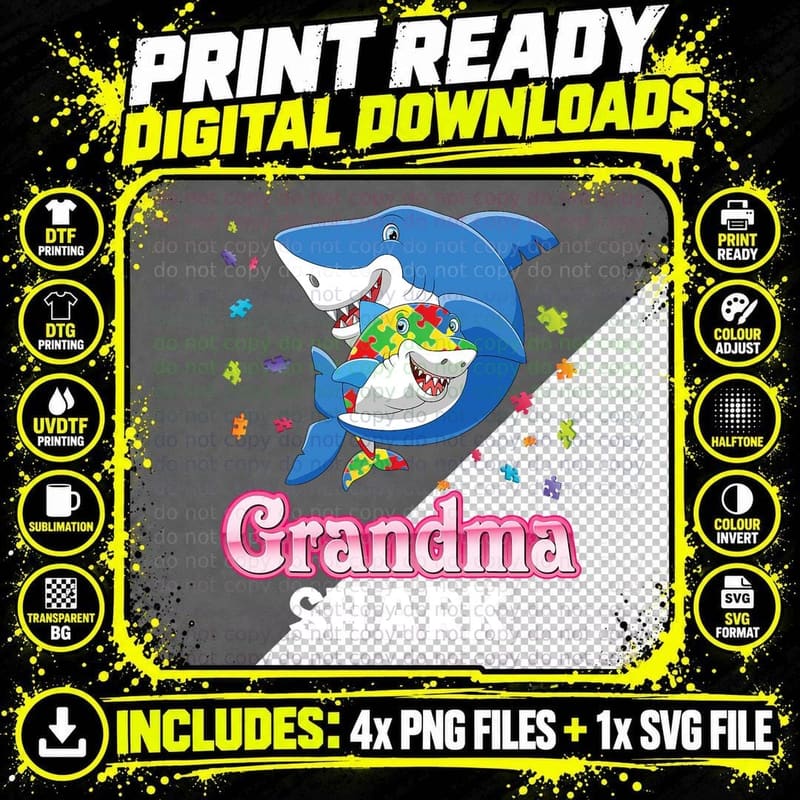 Grandma Shark Autism Awareness Rainbow Puzzle Matching Png SVG Digital Bundle