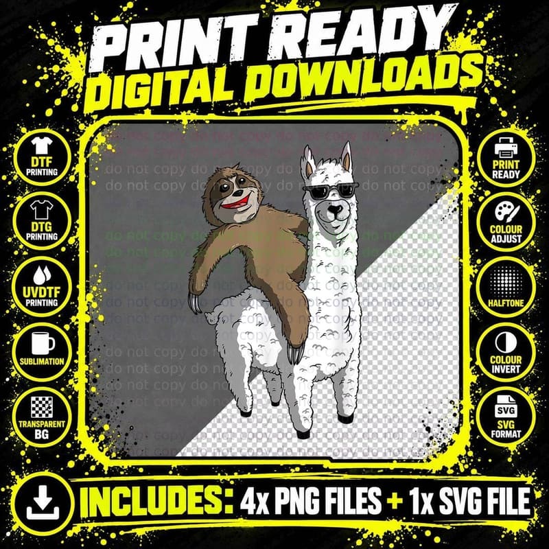 Humor Sloth Riding Llama Gift T-Shirt Png SVG Digital Bundle