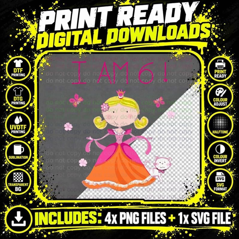 I Am 6! I Am Six Princess Cat Birthday for Girls T-Shirt Png SVG Digital Bundle
