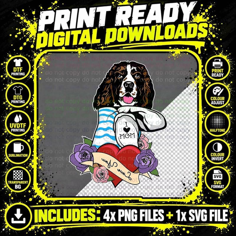 I Love Mom Tattoo English Springer Spaniel Mother Dog Png SVG Digital Bundle
