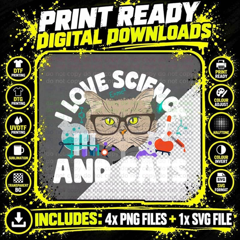 I Love Science & Cats Cute Kitty Cat Feline Student Png SVG Digital Bundle