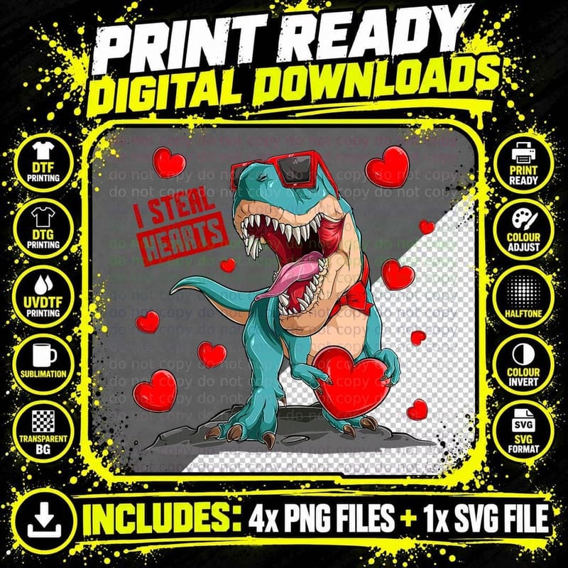 I Steal Hearts - Kids Toddler Dino Dinosaur Valentines Png SVG Digital Bundle