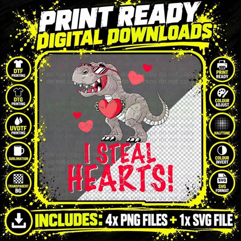 I Steal Hearts Trex Dino Boys Valentines Day Dinosaur Png SVG Digital Bundle