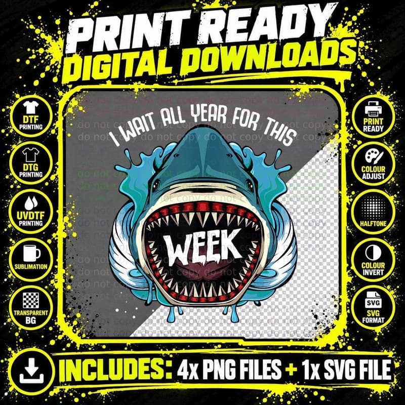 I Wait All Year for This Week Ocean Sea Fish Shark Lover Png SVG Digital Bundle