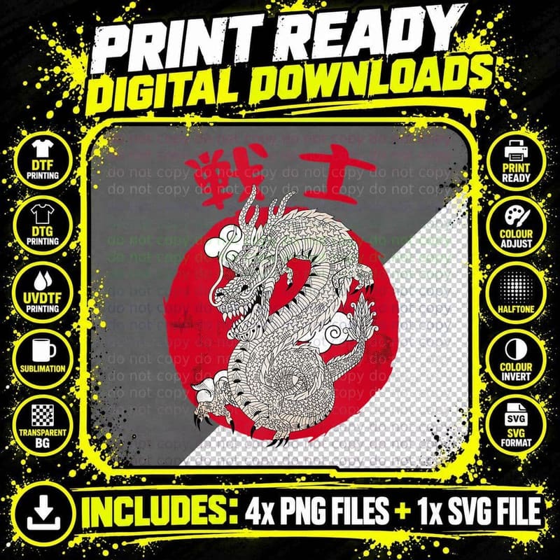 Japanese Aesthetic Dragon Symbol Kanji Japan Red Sunset Png SVG Digital Bundle