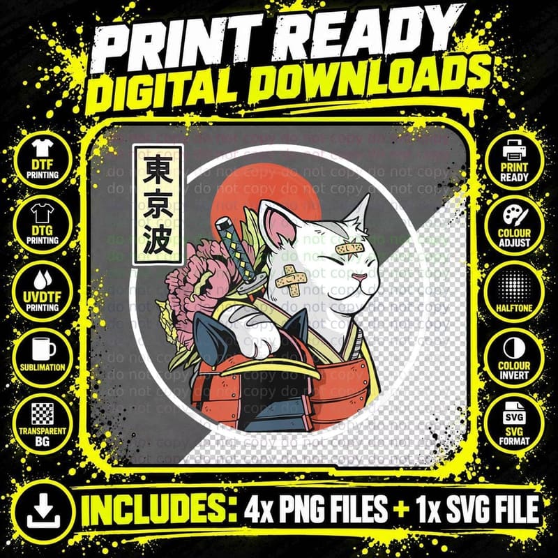 Japanese Samurai Cat Japan Aesthetic T-Shirt Png SVG Digital Bundle