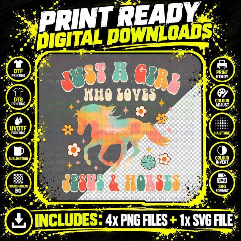 Just Girl Loves Jesus & Horses Christian Horse Racing Png SVG Digital Bundle