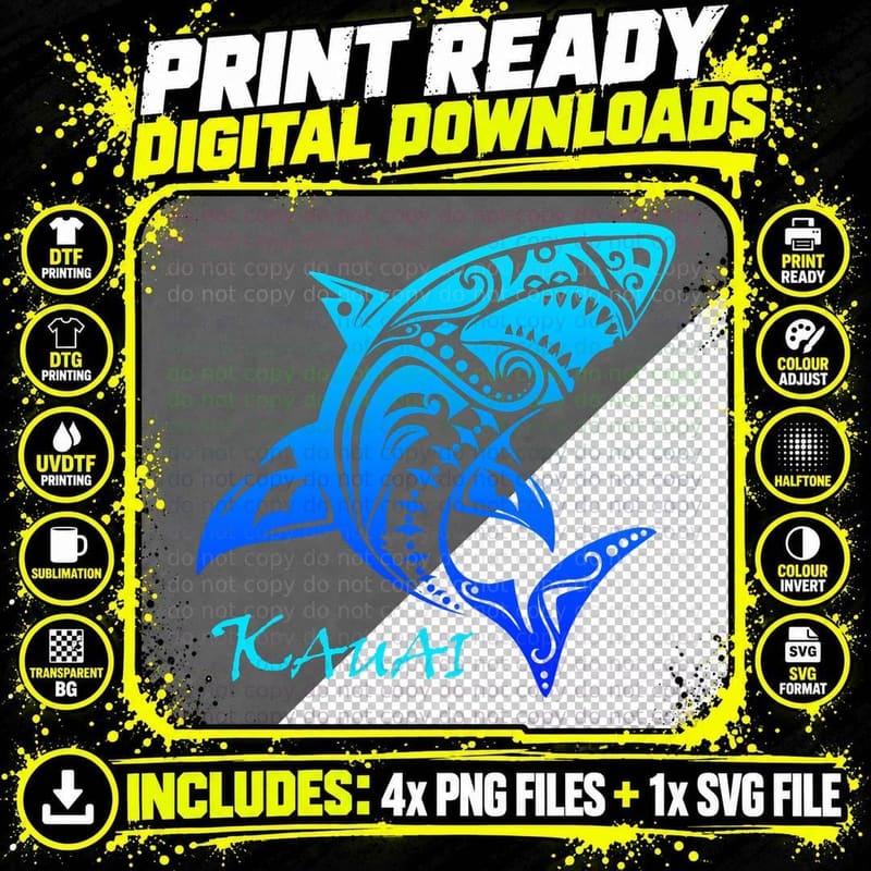 Kauai, Hawaii Vintage Retro Tribal Shark Vacation T-Shirt Png SVG Digital Bundle