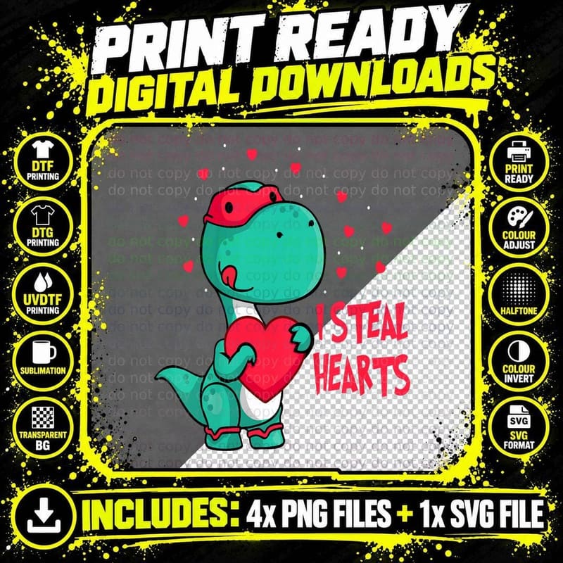 Kids I Steal Hearts Valentines Day Cute Dinosaur V-Day Png SVG Digital Bundle