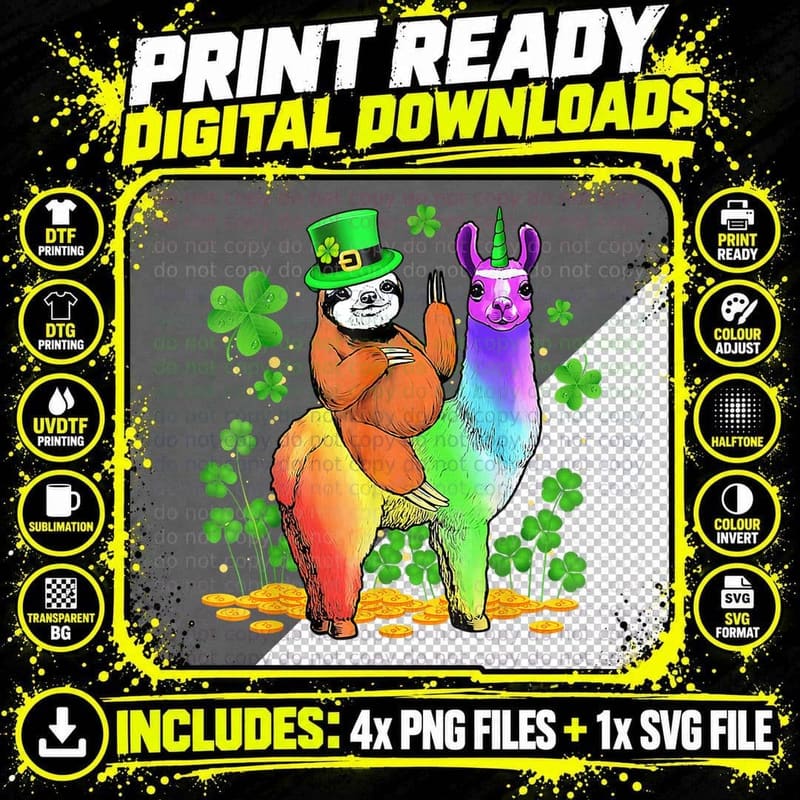Leprechaun Sloth Riding Llama Unicorn St Patricks Day Png SVG Digital Bundle