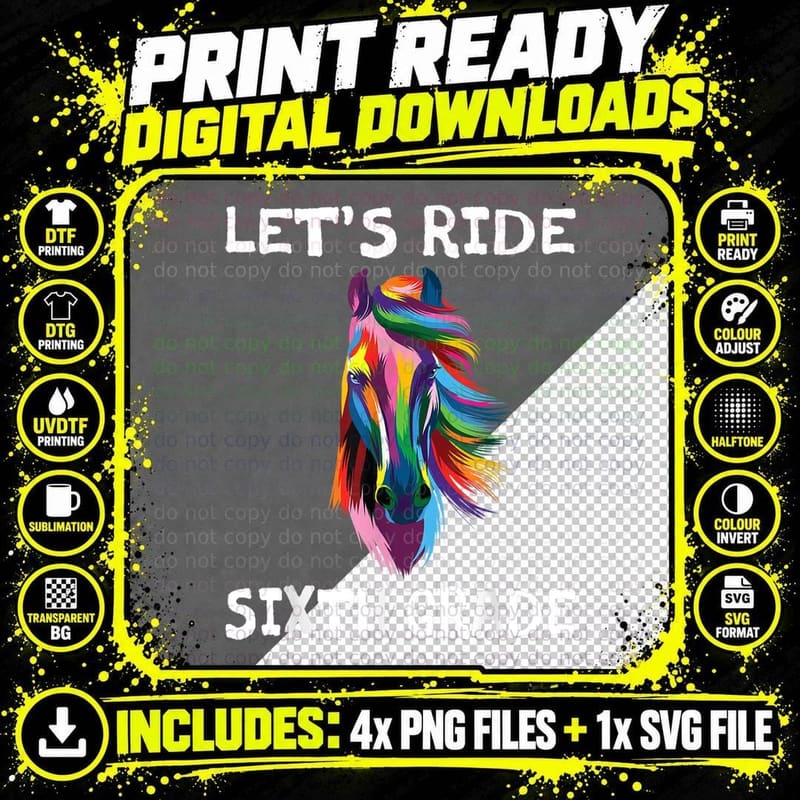 Let's Ride 6th Sixth Grade Back to School Horse Girls Png SVG Digital Bundle