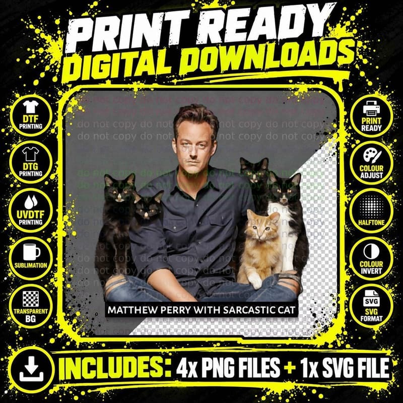 Matthew Perry with Sarcastic Cat, Ai Generated Classic Png SVG Digital Bundle