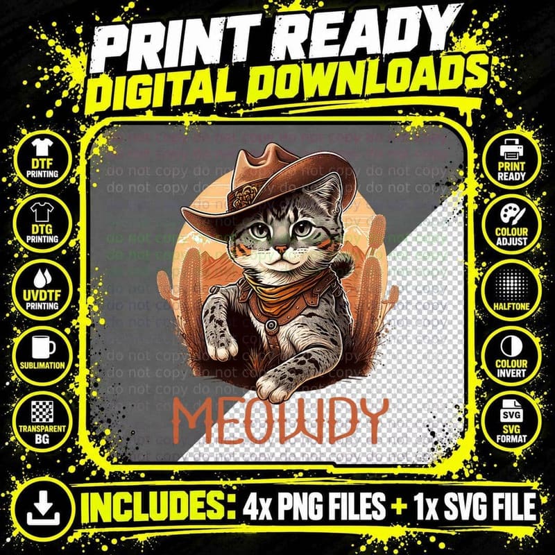 Meowdy Cat Funny Howdy Meme Western Cowboy Kitten T-Shirt Png SVG Digital Bundle