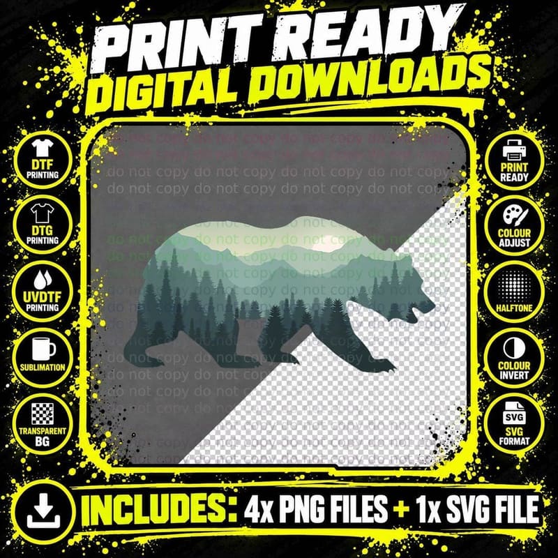 Misty Forest Bear Silhouette Wildlife T-Shirt Png SVG Digital Bundle