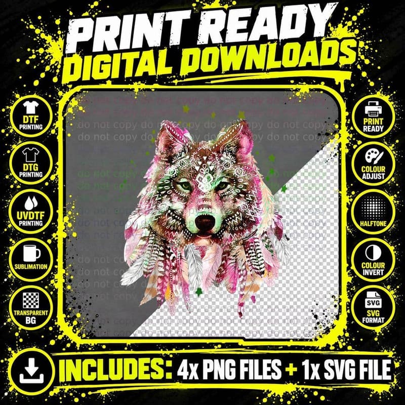 Native Tribal Wolf Head Boho Bohemian Tattoo Art Cute Png SVG Digital Bundle