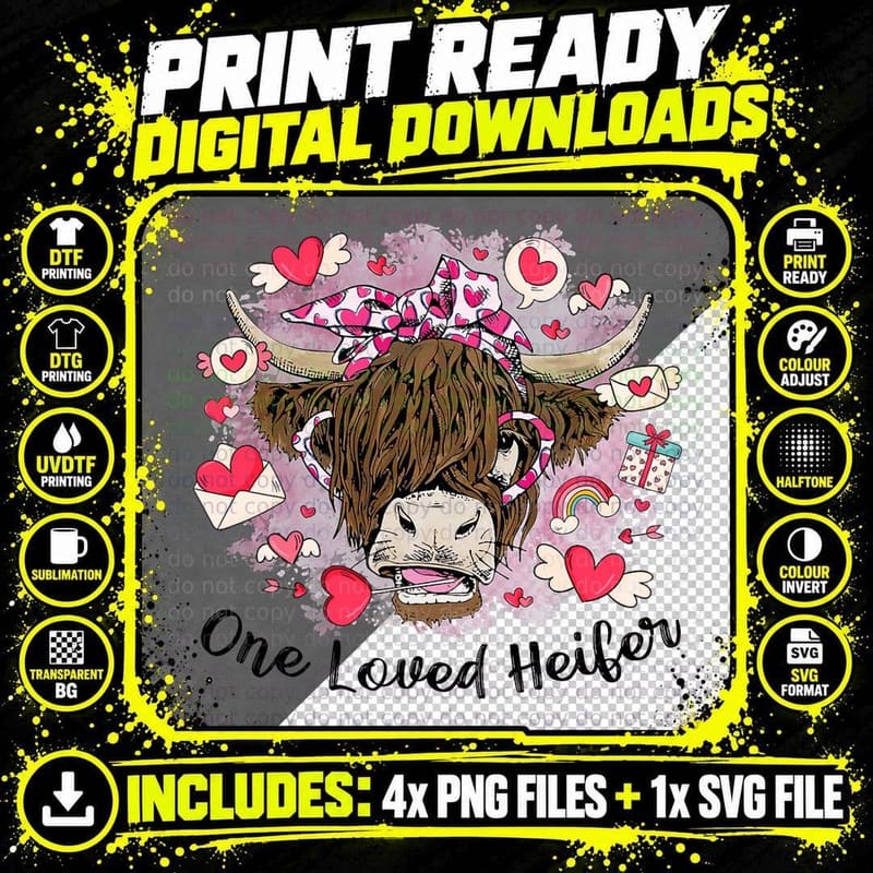 One Loved Heifer Valentines Day Western Highland Cow Png SVG Digital Bundle