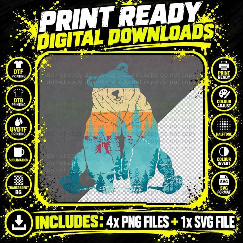 Outdoors Nature Forest Animal Wildlife Retro Brown Bear Png SVG Digital Bundle
