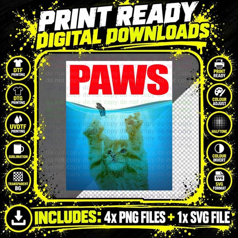 Paws Cat and Mouse Top, Cute Funny Shark and Kitten Png SVG Digital Bundle