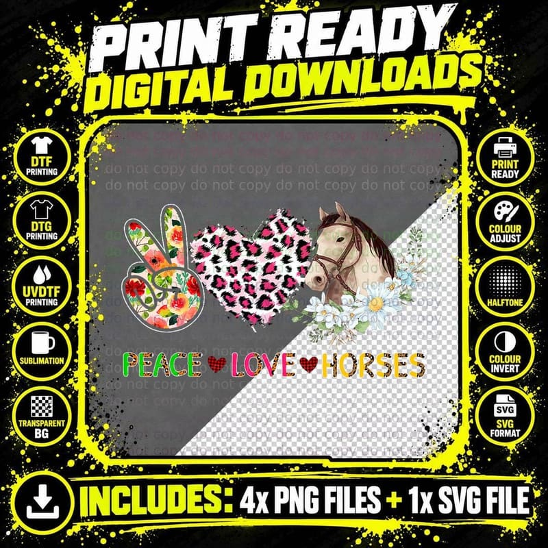 Peace Love Horses Leopard Floral Horse Wearing Hat Png SVG Digital Bundle