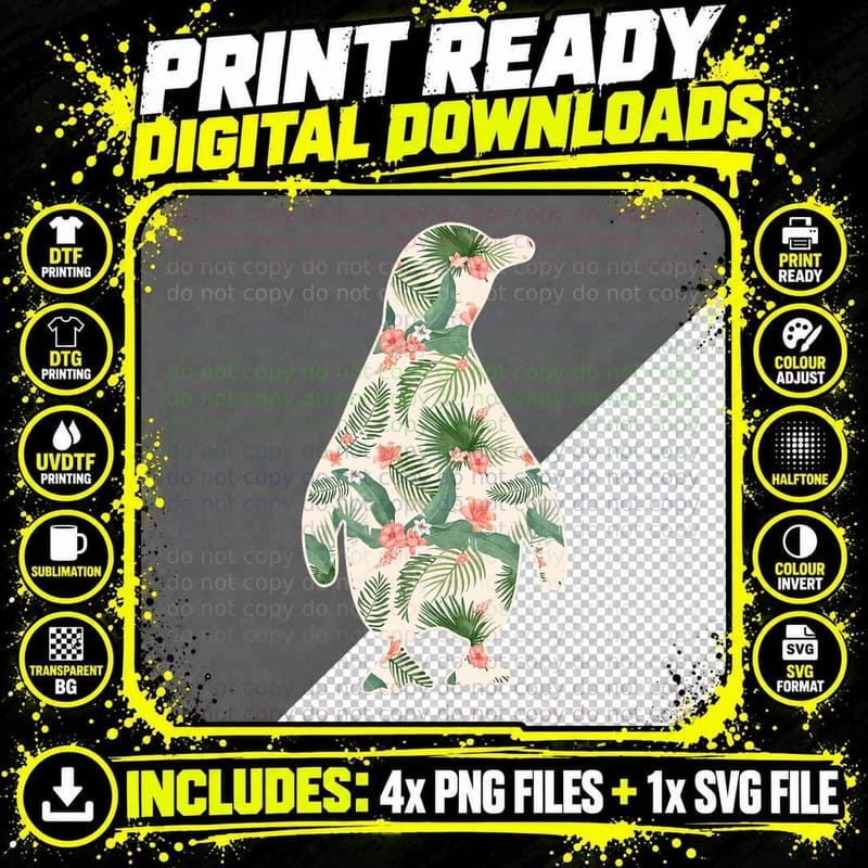 Penguin Flower Girl Print Floral Bird Hawaiian Women Png SVG Digital Bundle