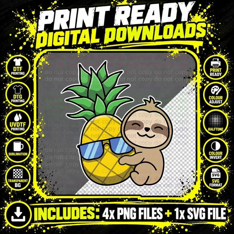 Pineapple Aloha Beaches Hawaii Sloth - Lazy T-Shirt Png SVG Digital Bundle