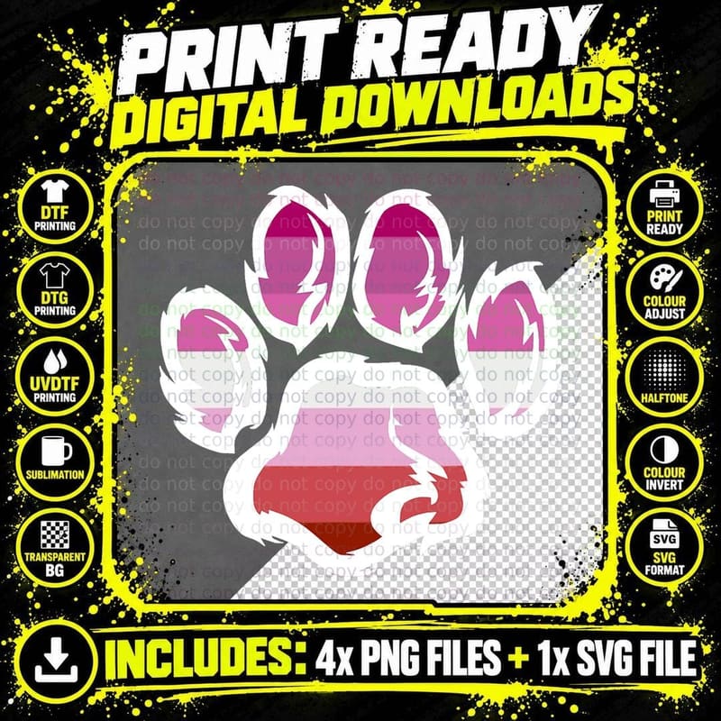 Pride LGBTQ Lesbian Flag Rainbow Furry Dog Paw Print Png SVG Digital Bundle