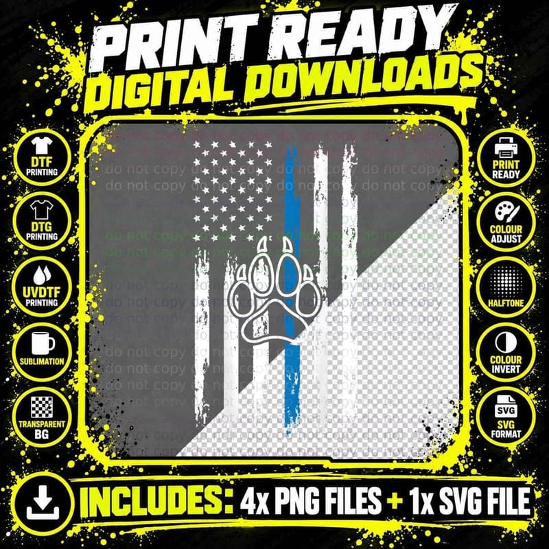Printed on Back - Thin Blue Line Police Flag Png SVG Digital Bundle