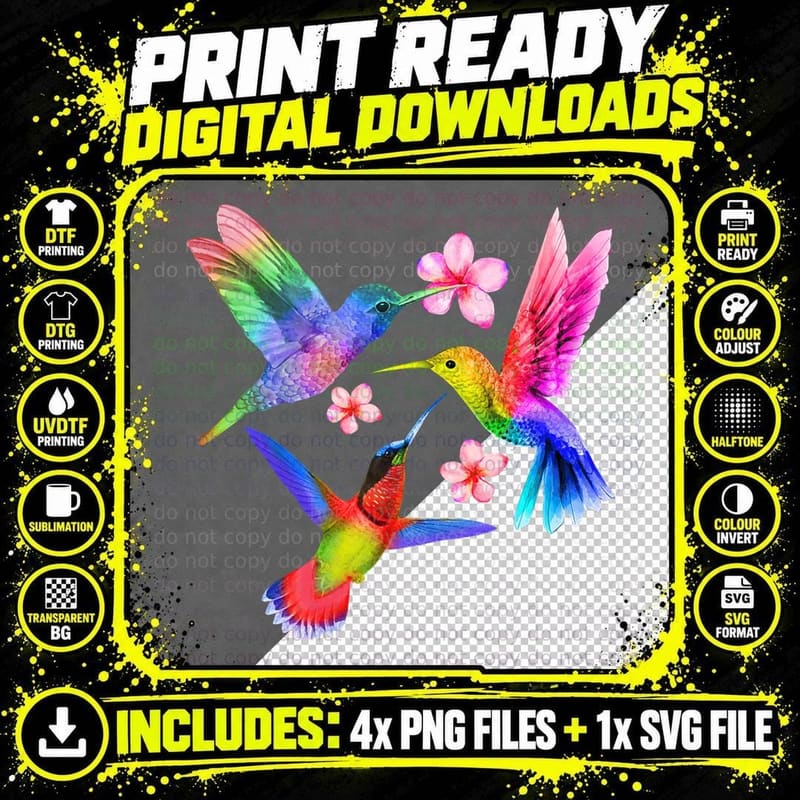 Rainbow Hummingbird Watercolor Colorful T-Shirt Png SVG Digital Bundle