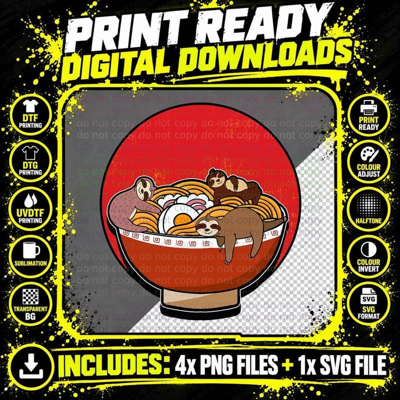 Ramen Bowl Sloth Japanese Noodles Soup Lazy Slow Gift Png SVG Digital Bundle