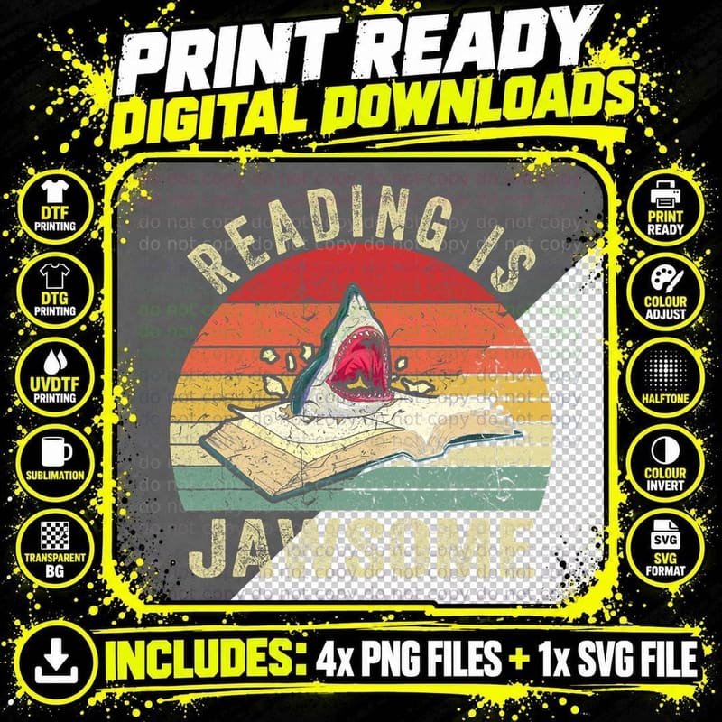 Reading Is Jawsome Shark Shirt Book Reading Gift Teacher Png SVG Digital Bundle
