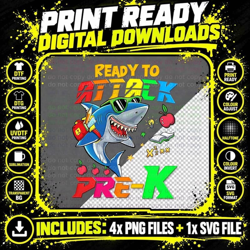 Ready to Attack Pre K Shark Back to School Teacher Png SVG Digital Bundle