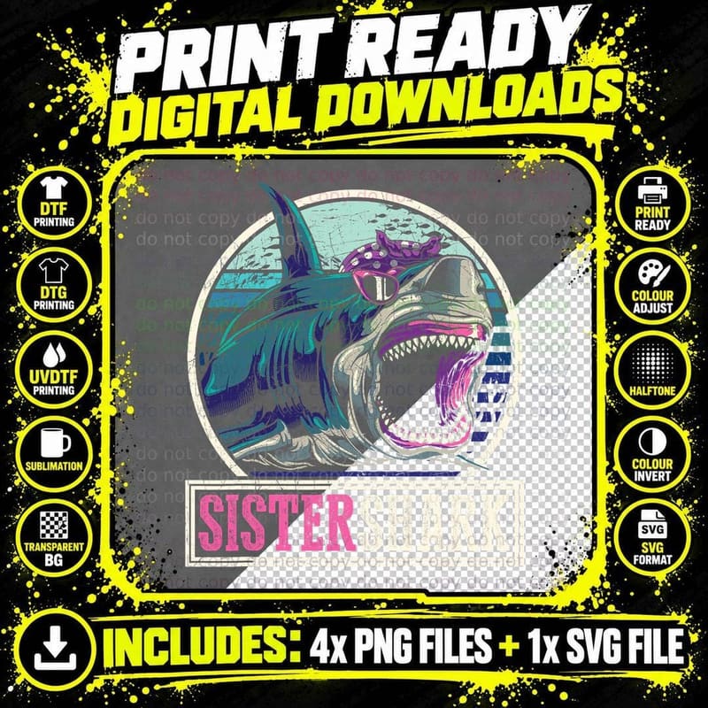 Retro Ocean Animal Family Girls Gift Predator Sister Png SVG Digital Bundle