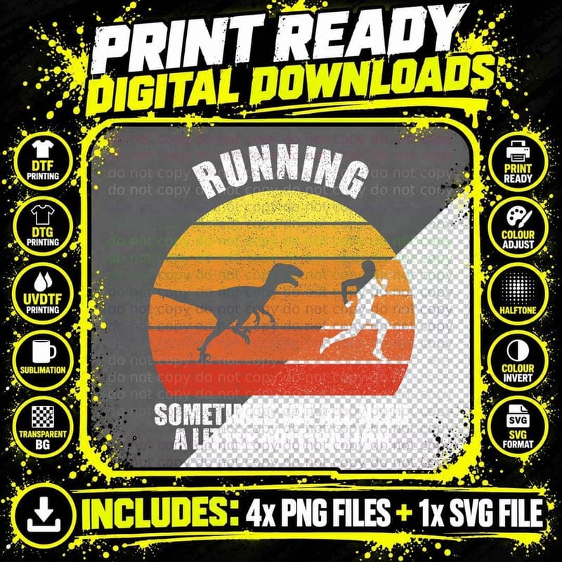 Retro Running T-Rex Funny Dinosaur Running Motivation Png SVG Digital Bundle