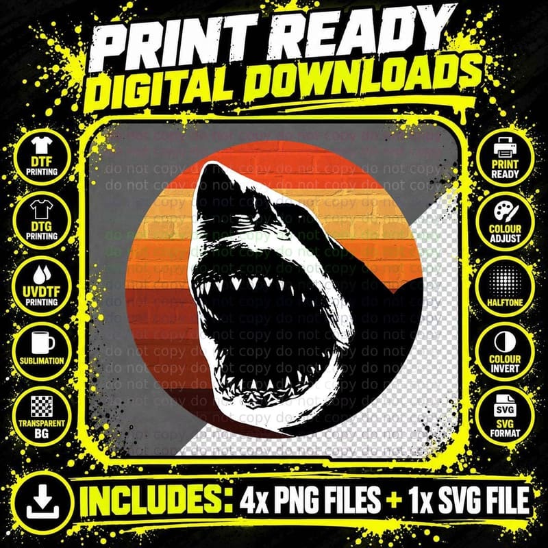 Retro Shark Black Ocean Vintage Tee in for Shark Lovers Png SVG Digital Bundle