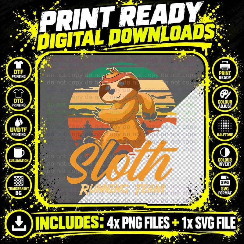 Retro Sloth Running Cute - Animal Vintage Sloth Running Png SVG Digital Bundle