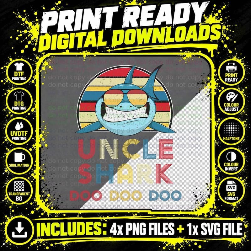 Retro Vintage Uncle Shark Tshirt Gift for Father Men Dad Png SVG Digital Bundle