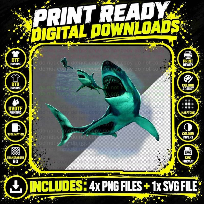 Scuba Diver, Great White Shark & Megalodon Shark Diving Png SVG Digital Bundle