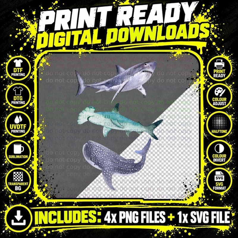 Shark Fans, Great White, Hammerhead and Whale Shark Png SVG Digital Bundle