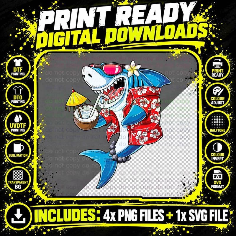 Shark Hawaiian Funny Aloha Hawaii T-Shirt Png SVG Digital Bundle