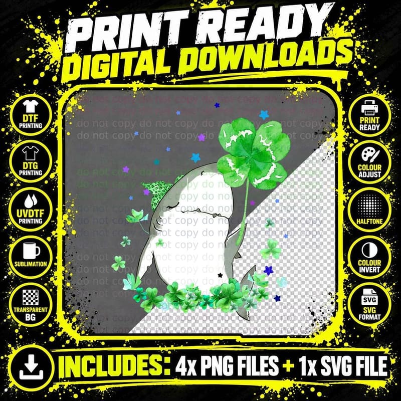 Shark Holding Shamrock Stars Cute St Patrick's Day Png SVG Digital Bundle