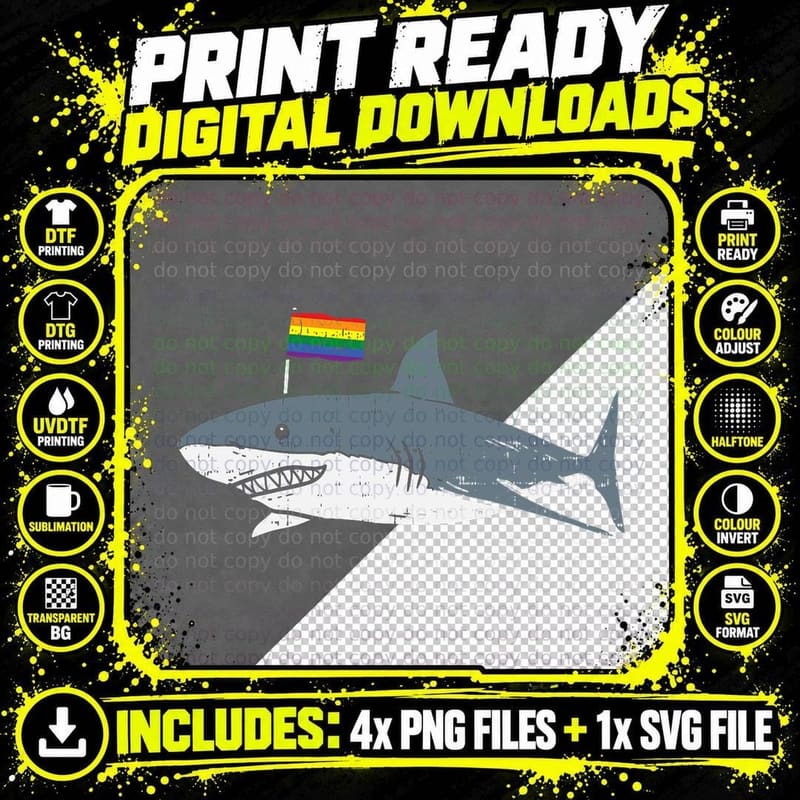 Shark Rainbow Flag Cute Gay Pride LGBT Animal Lover Gift Png SVG Digital Bundle