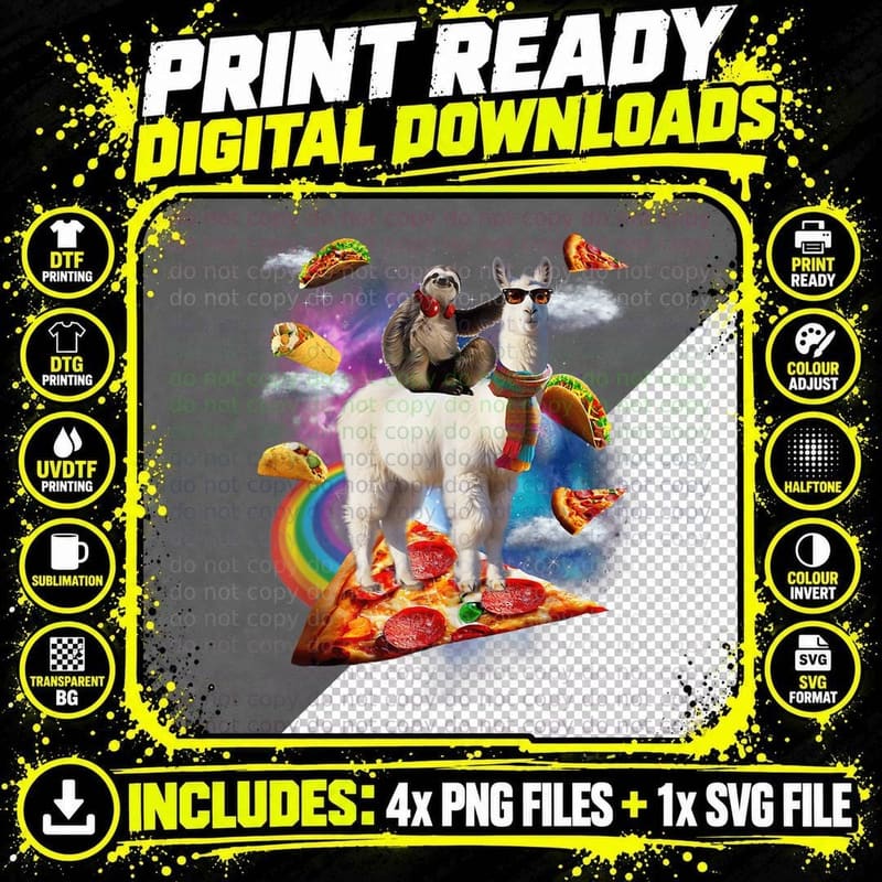 Sloth Riding Llama - Galaxy Pizza Taco Burrito Gift Top Png SVG Digital Bundle