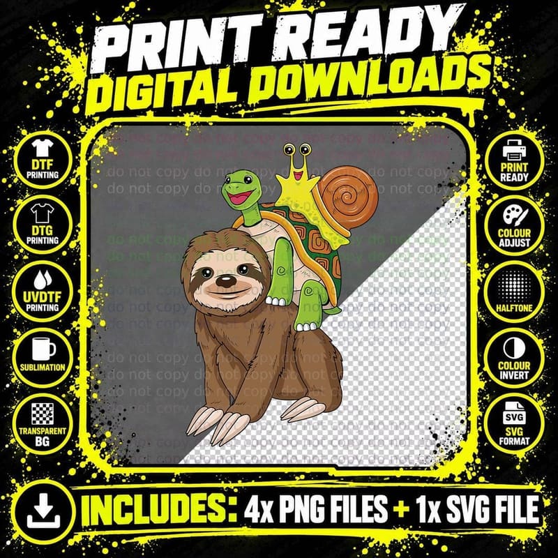 Sloth Turtle Snail Piggyback Running Riding Team T-Shirt Png SVG Digital Bundle