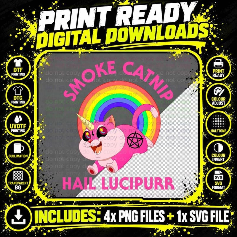 Smoke Catnip Hail Lucipurr, Funny Satan Cat Unicorn Meme Png SVG Digital Bundle